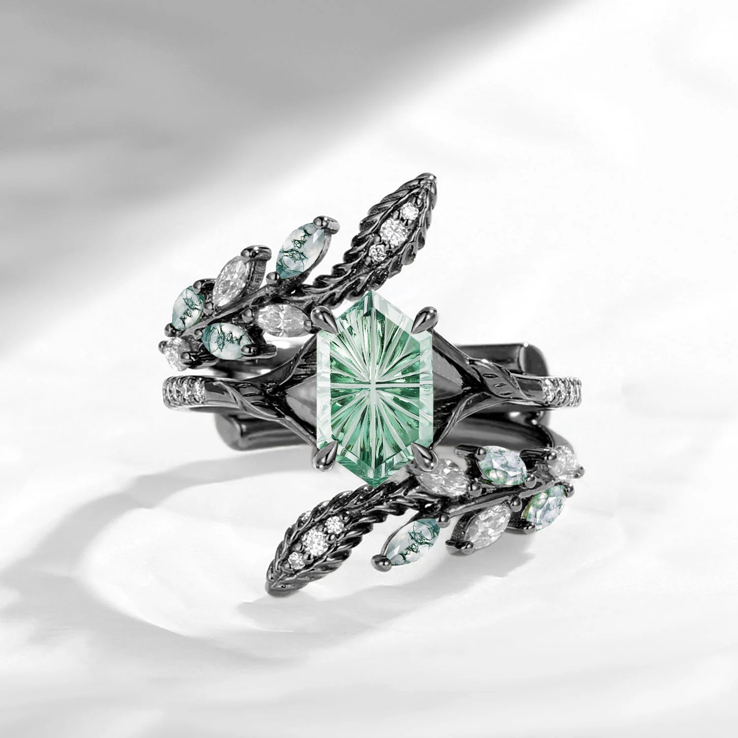 Serpent's Embrace - Fantasy Cut Long Hexagon Lab Green Sapphire Snake Twist Cage Ring Set with Split Shank