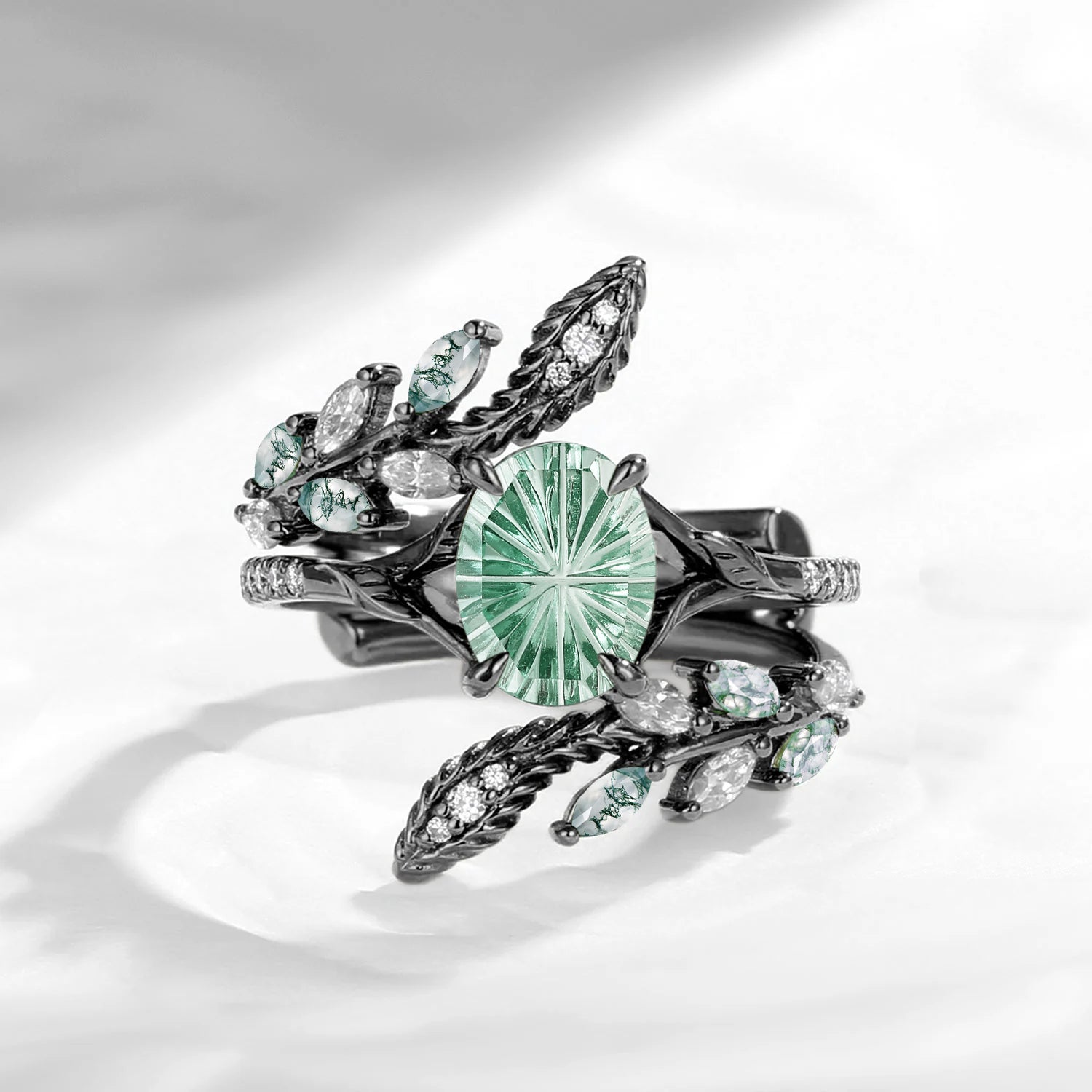 Serpent's Embrace - Nature Inspired Fantasy Cut Oval Lab Green Sapphire Snake Twist Cage Ring Set with Split Shank