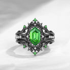 Fallen Aegis - Gothic Long Hexagon Lab Tsavorite Shield Engagement Ring Set with Thorn-inspired Band