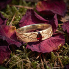 Thorns & Roses - Nature Inspired Coffin Cut Garnet Wedding Band with Thorn Inspired Engraving