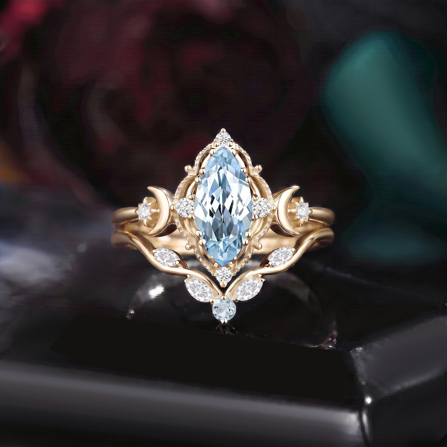 'Pure Moon' – Vintage Marquise Natural Aquamarine Crescent Moon Ring Set with Star-Inspired Details