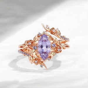 Nature Inspired - Twist Marquise Cut Lab Lavender Sapphire Engagement Ring Set