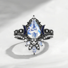 Crescent Moon | Unique Pear Moonstone & Blue Sandstone Moon 'Ultra Galaxy' Starry Engagement Ring Set 2pcs