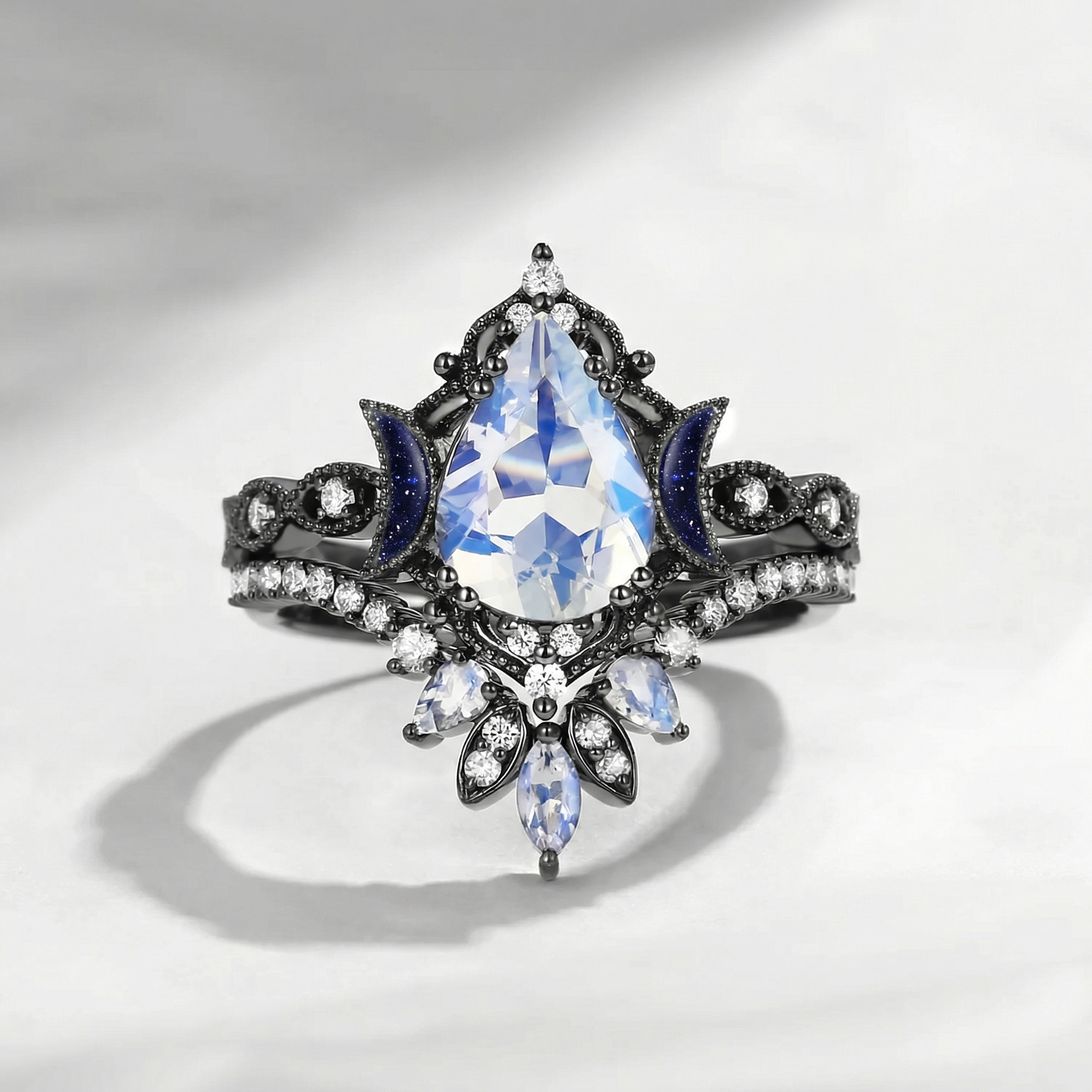 Crescent Moon | Unique Pear Moonstone & Blue Sandstone Moon 'Ultra Galaxy' Starry Engagement Ring Set 2pcs