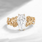 'Rien que la Rose' - Nature Inspired Coffin Colorless Moissanite Romantic Rose Flower Engagement Ring with Leaf-inspired Band