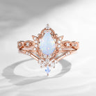 Crescent moon |Unique White Opal Moonstone Engagement Ring Set 2PCS-Luna