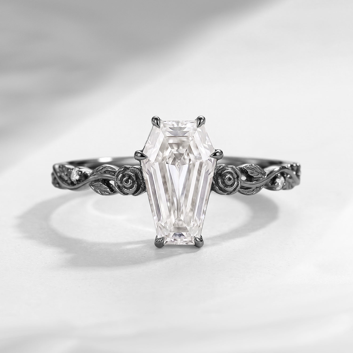 'Rose Éternelle' - Nature Inspired Coffin Moissanite Thorns & Roses Hollow Flower Engagement Ring with Rose-inspired Band