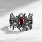 Gothic Love Coffin Cut Garnet Vampire Engagement Ring Set 3pcs