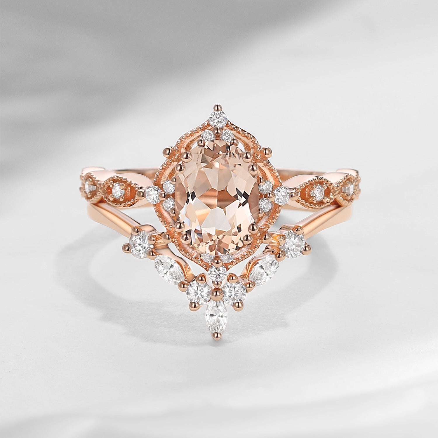 Oval Peach Morganite Engagement Ring Set 2PCS