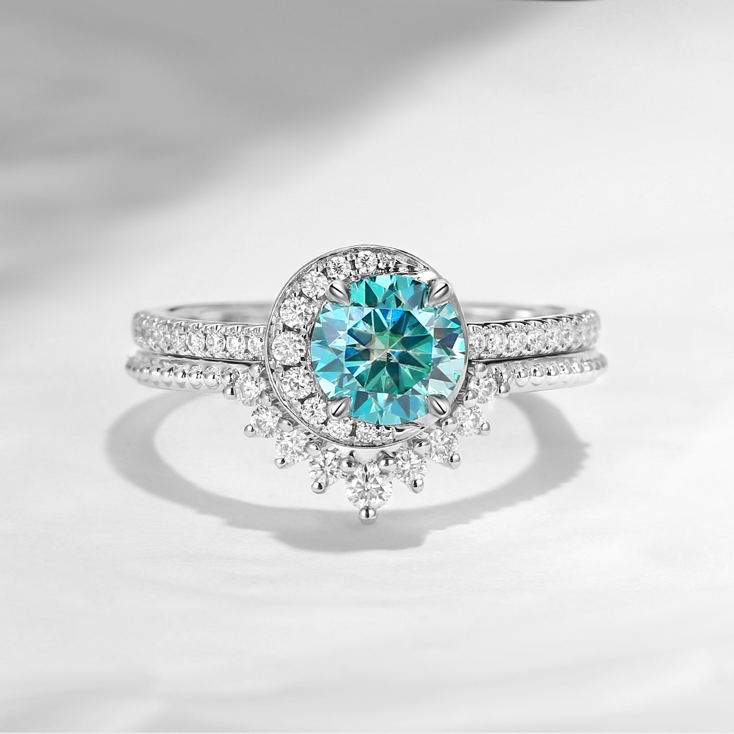 Crescent Moon | Unique Teal Moissanite Engagement Ring Set 2pcs - Full Moon