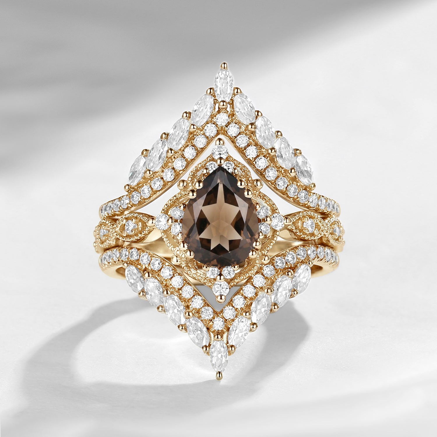 Vintage Pear Cut Smokey Quartz Engagement Ring Cage Ring Set 2pcs