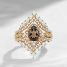 Vintage Pear Cut Smokey Quartz Engagement Ring Cage Ring Set 2pcs
