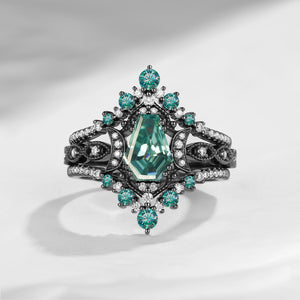 Crescent Moon | Coffin Cut Teal Moissanite 'Black Statement' Ring Set 3pcs