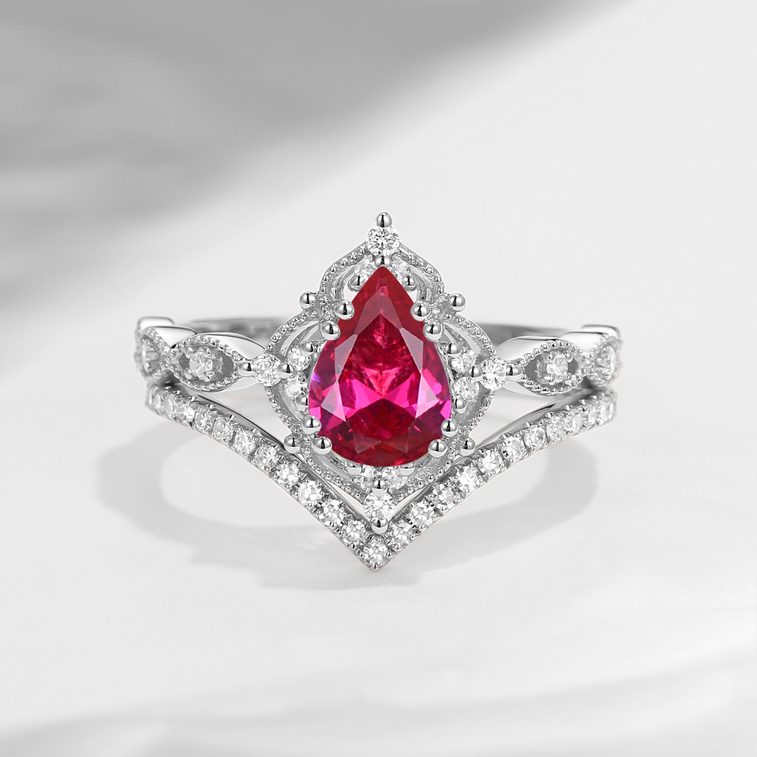 1.5ct Pear Shaped Lab Ruby Engagement Ring Set 2pcs - Evelyn