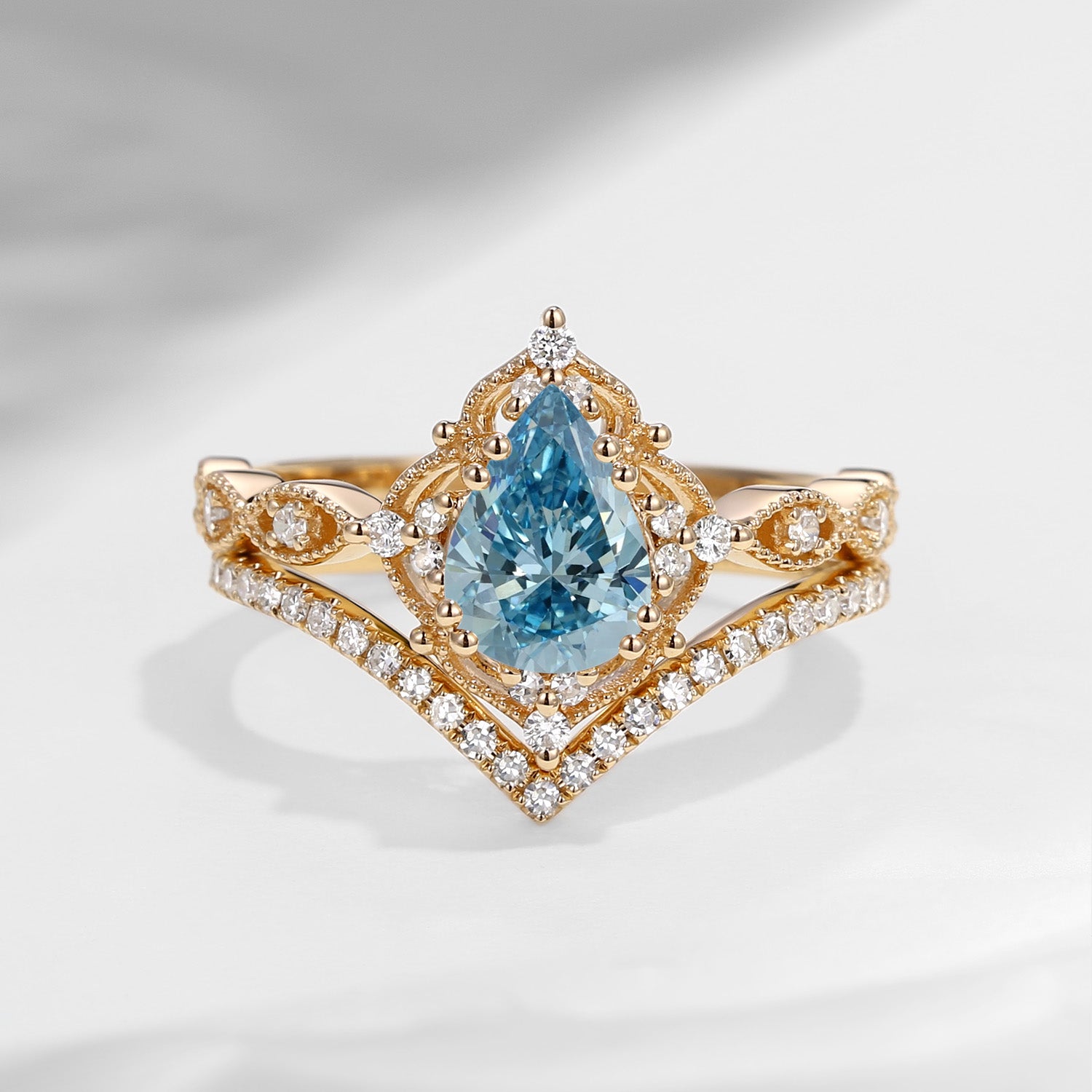 Pear Shaped Blue Lab Diamond Antique Stacking Engagement Ring 2pcs - Evelyn