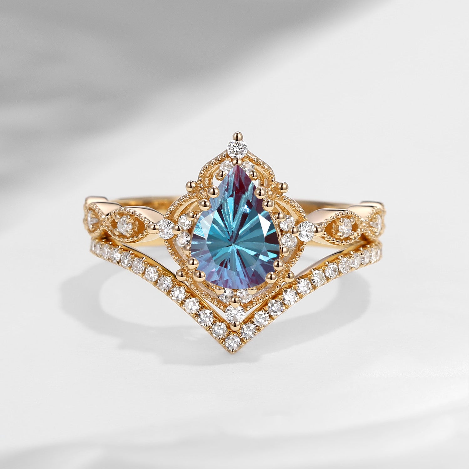 Vintage Inspired Firework Cut Pear Lab Alexandrite Antique Engagement Ring Set 2pcs - Evelyn