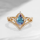 Vintage Inspired Firework Cut Pear Lab Alexandrite Antique Engagement Ring Set 2pcs - Evelyn