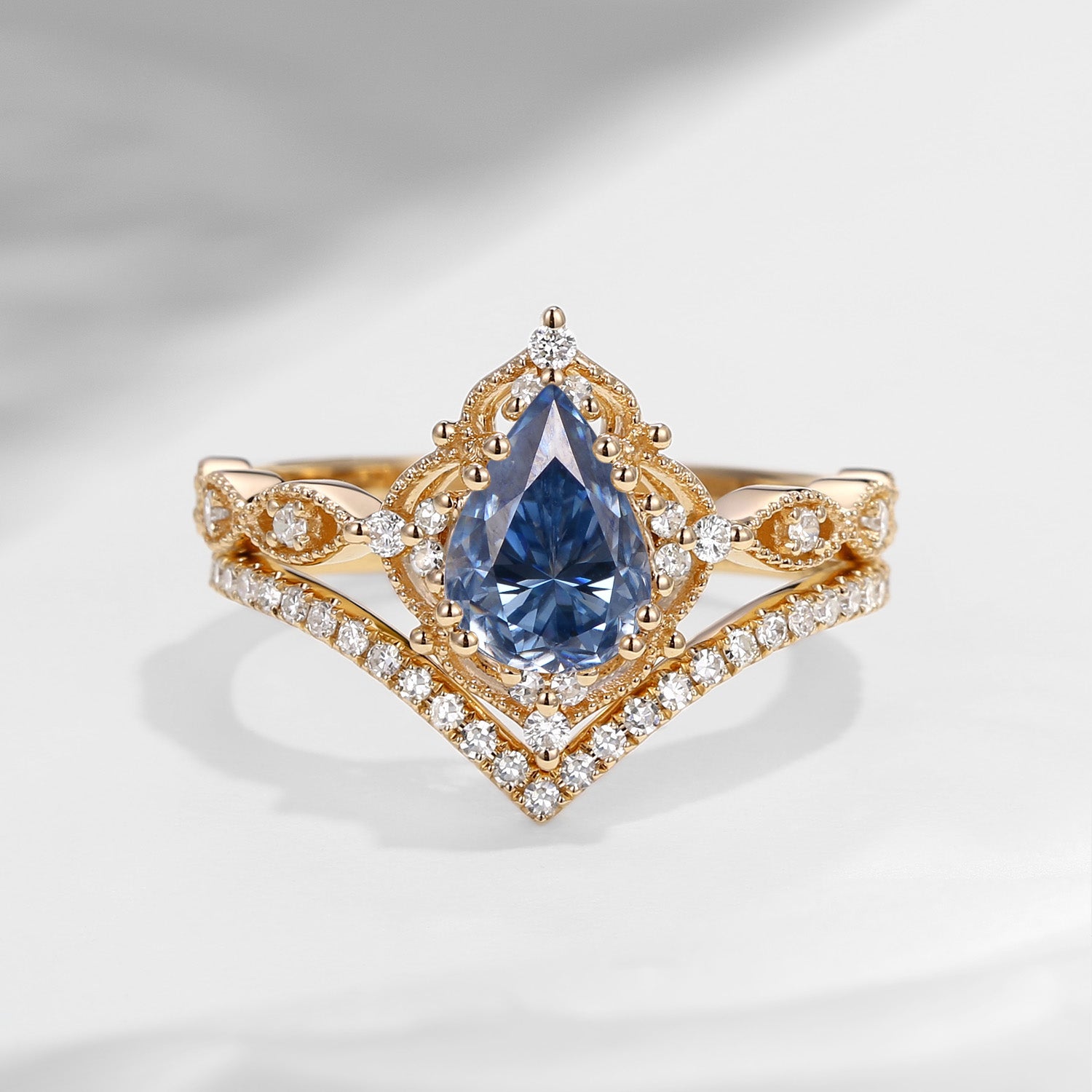 Pear Shaped Blue Moissanite Engagement Ring Set 2pcs - Evelyn