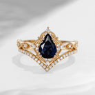 Vintage Inspired Pear Cut Natural Black Sapphire Classic Engagement Ring Set 2pcs - Evelyn