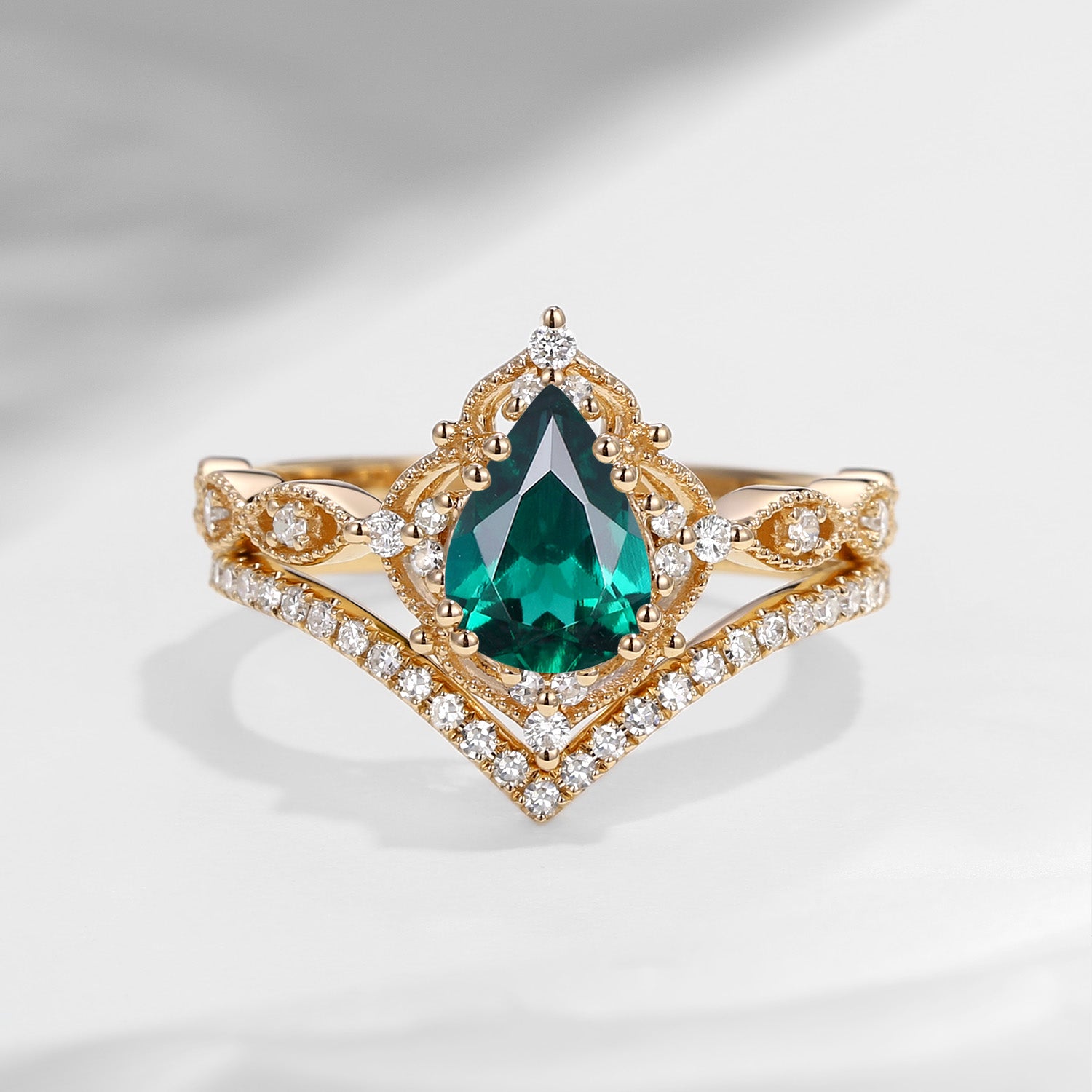 1.5ct Pear Shaped Lab Emerald Engagement Ring Set 2pcs - Evelyn