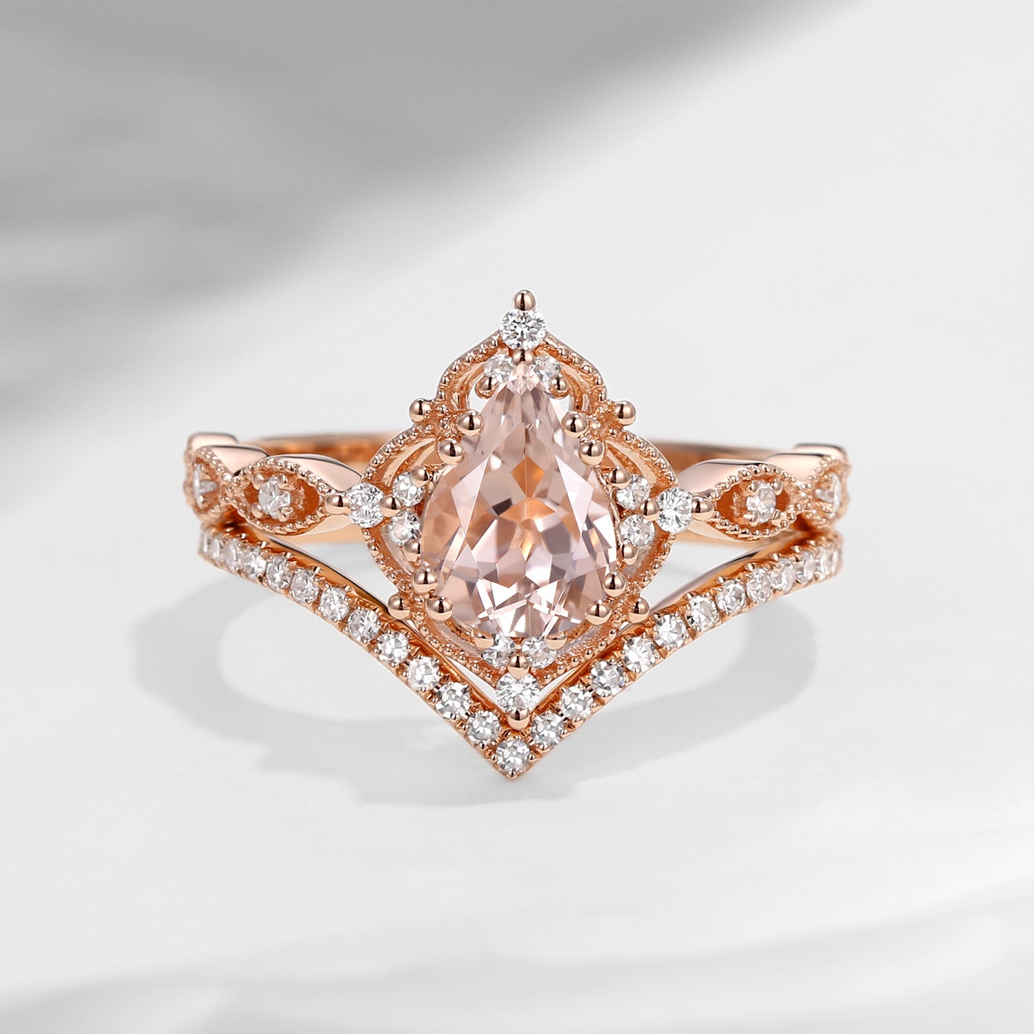 1.5ct Pear Shaped Morganite Engagement Ring Set 2pcs - Evelyn