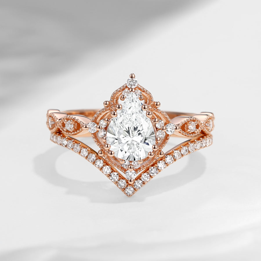 Vintage pear cut lab diamond alternative engagement ring