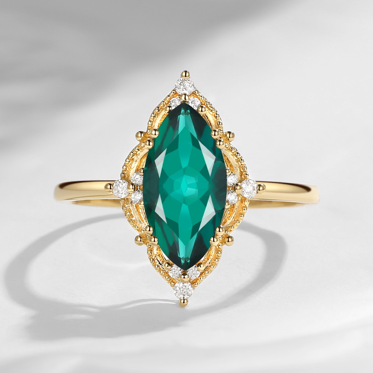 2.5ct 18K Marquise Vintage Inspired Lab Emerald Engagement Ring