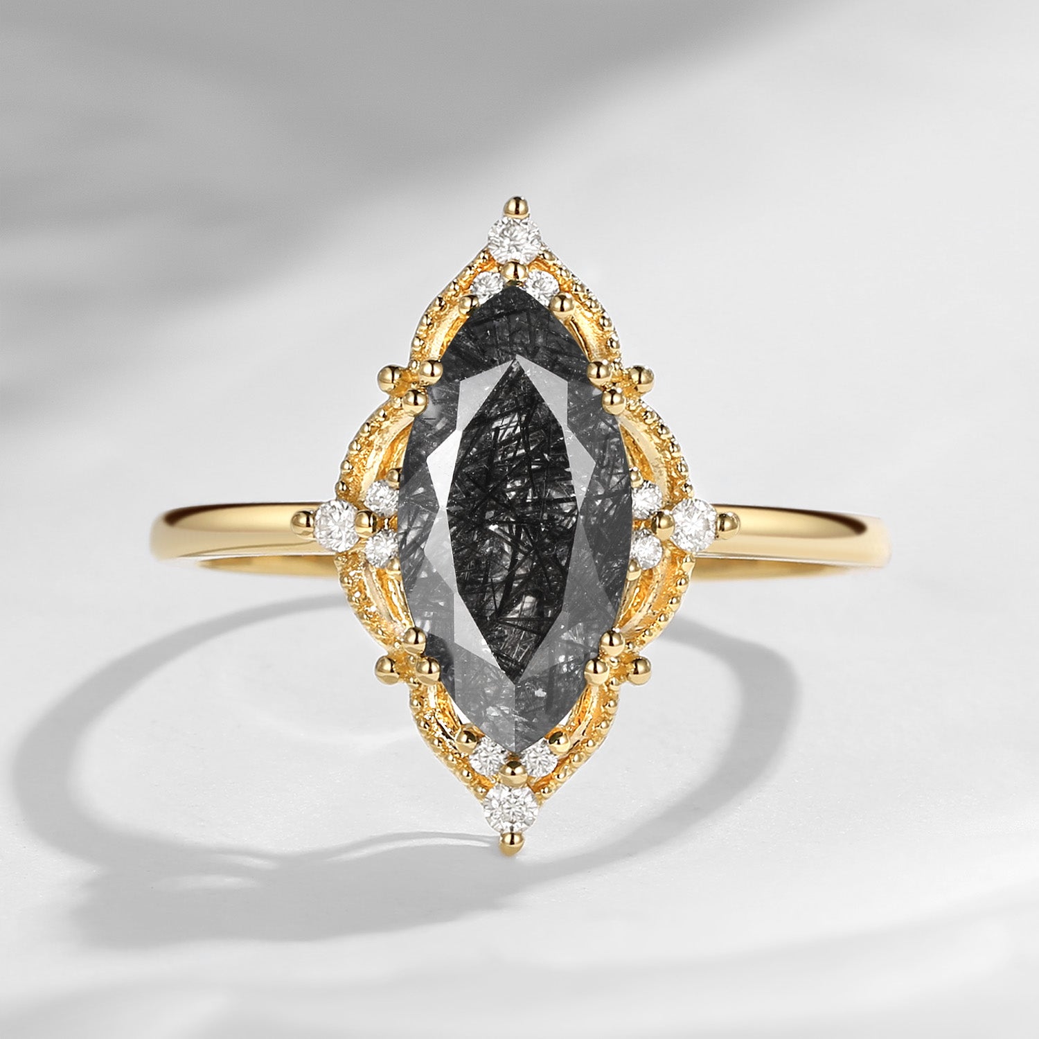 2.5ct 18K Marquise Vintage Inspired Black Rutilated Quartz Engagement Ring