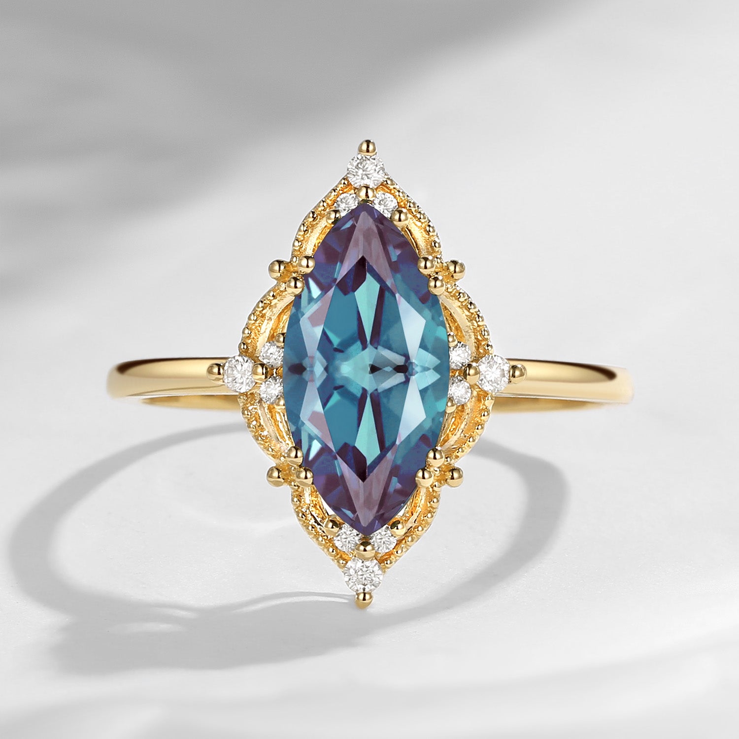 2.5ct 18K Marquise Vintage Inspired Lab Alexandrite Engagement Ring