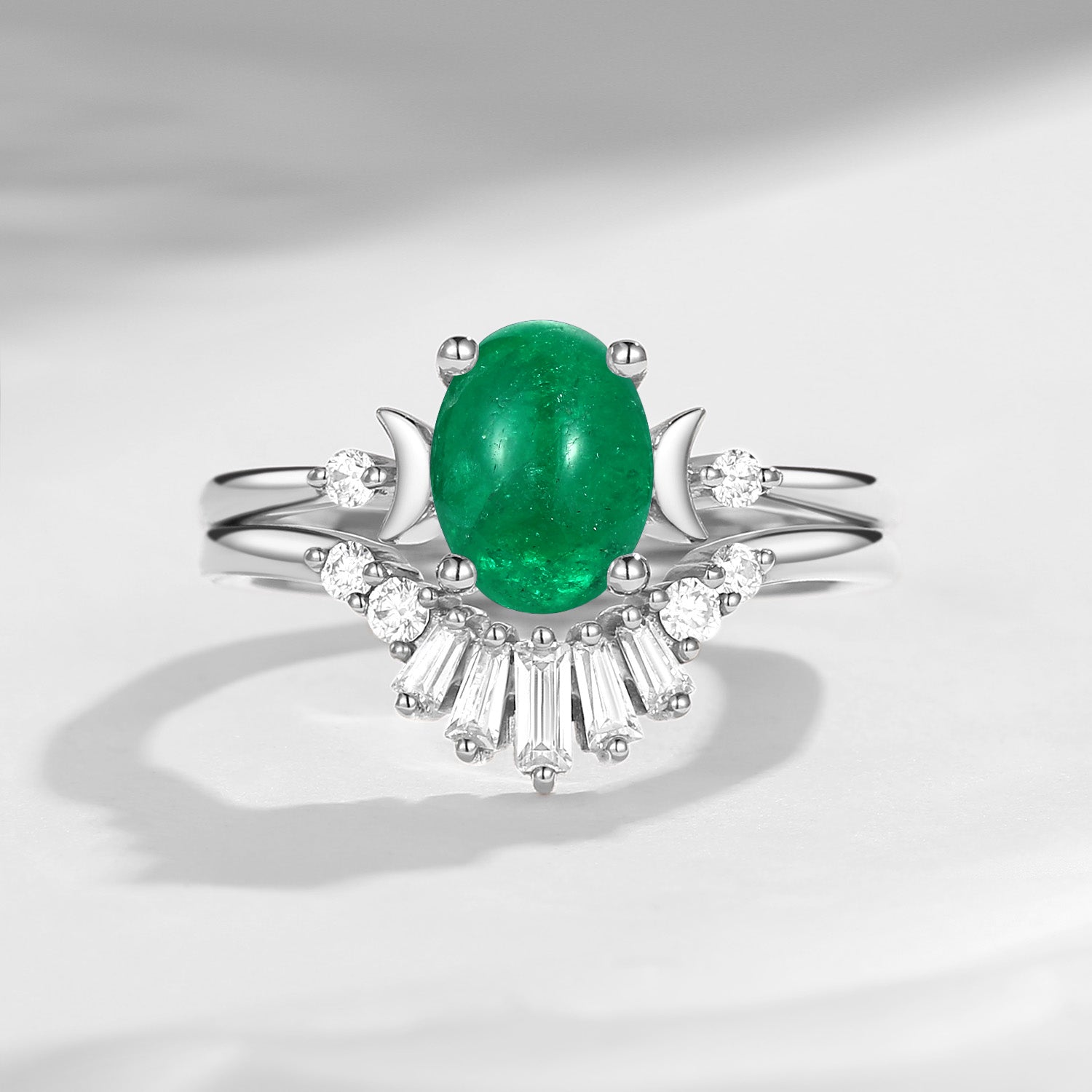 Pure Moon | Fancy Oval Cut Natural Emerald Engagement Ring Set 2pcs