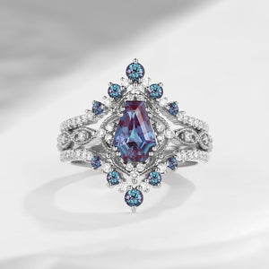 Vintage Inspired Coffin Cut Lab Alexandrite Ring Bridal Set 3pcs