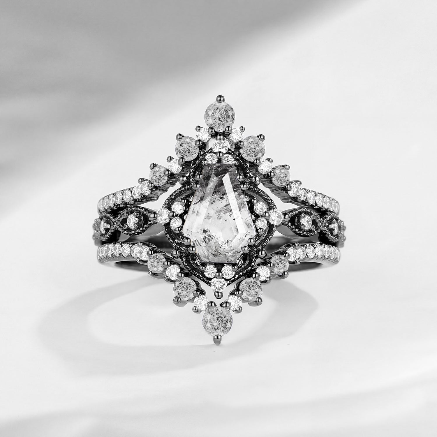 Vintage Inspired Coffin Cut Herkimer Diamond Black Gold Ring Bridal Set 3pcs
