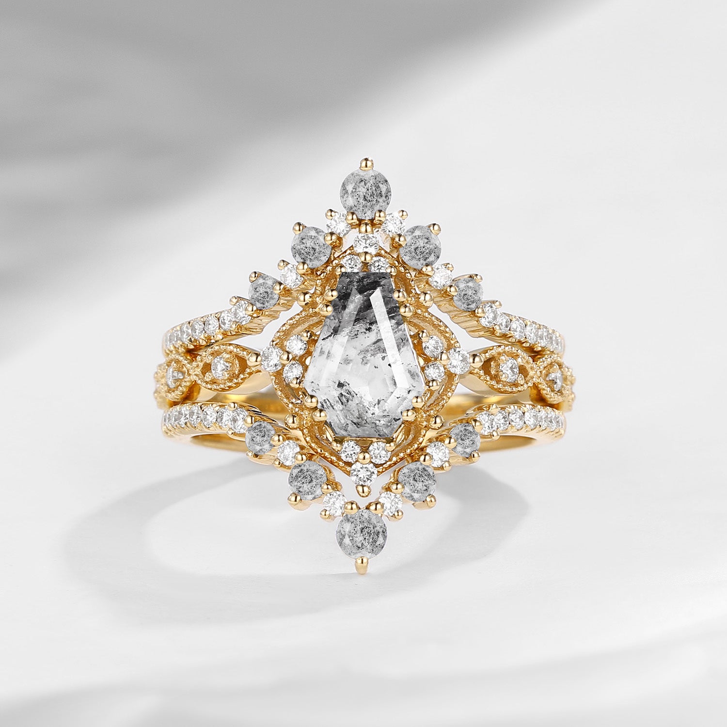 Vintage Inspired Coffin Cut Herkimer Diamond Engagement Ring Bridal Set 3pcs