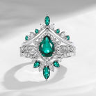 Crescent moon | Antique Pear Cut Lab Emerald Engagement Ring Set 3pcs