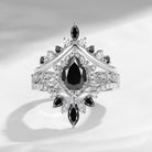 Crescent moon | Antique Pear Cut Black Moissanite Engagement Ring Set 3pcs