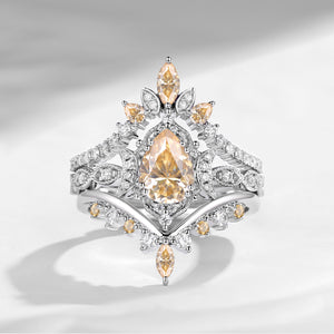 Crescent moon | Antique Pear Cut Yellow Moissanite  Engagement Ring Set 3pcs