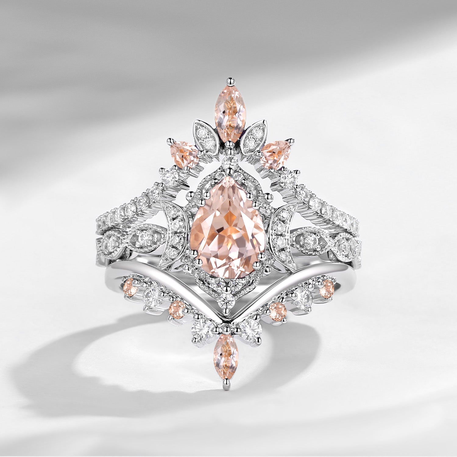 Crescent moon | Antique Pear Cut Morganite Engagement Ring Set 3pcs