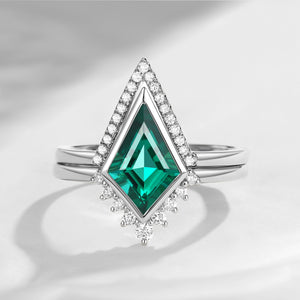 18K Art Deco Kite Shaped Lab Emerald Engagement Ring Set 2pcs - Statement