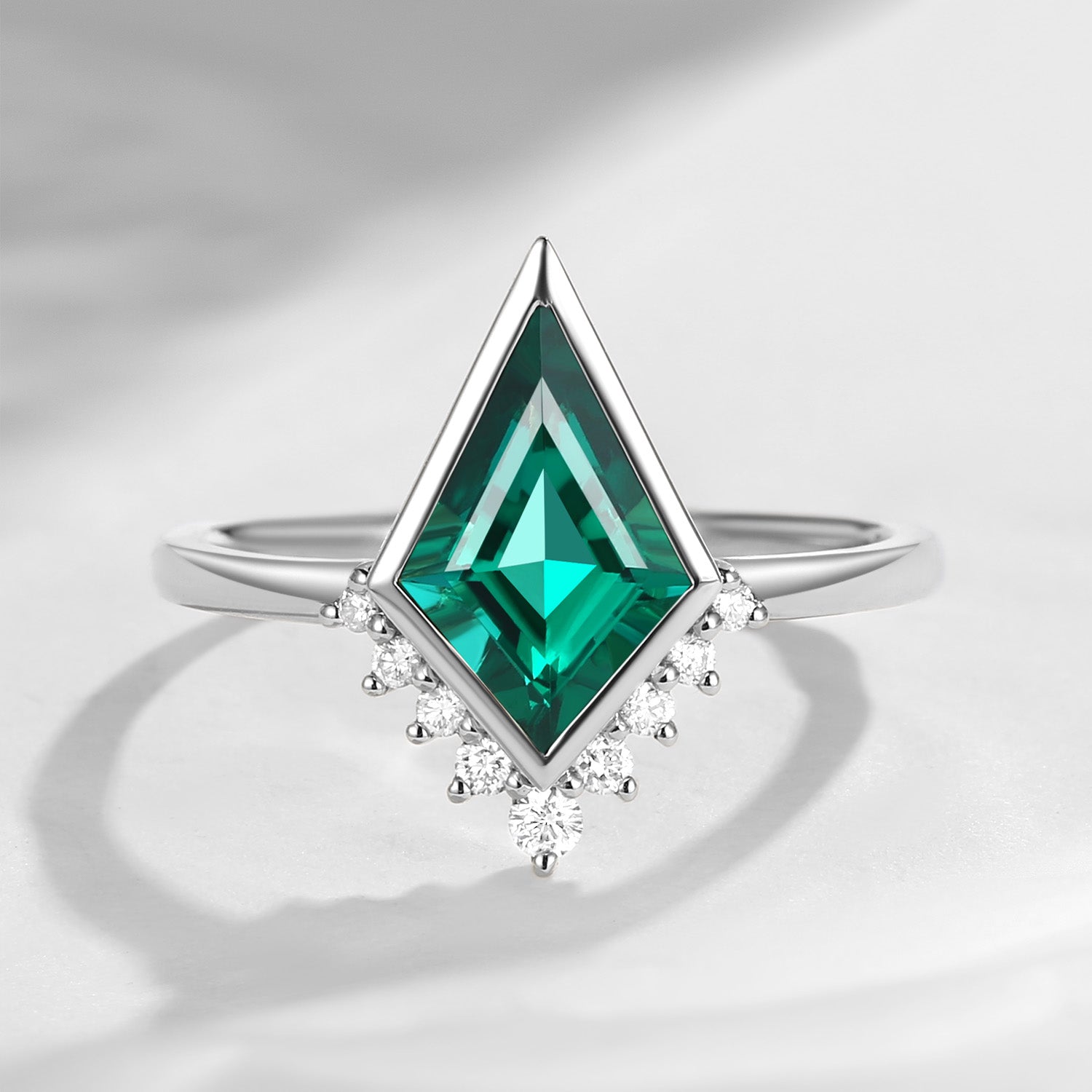 Kite Shaped Engagement Ring White Gold Lab Emerald Unique Unique Art Deco Bezel Set Galaxy Ring