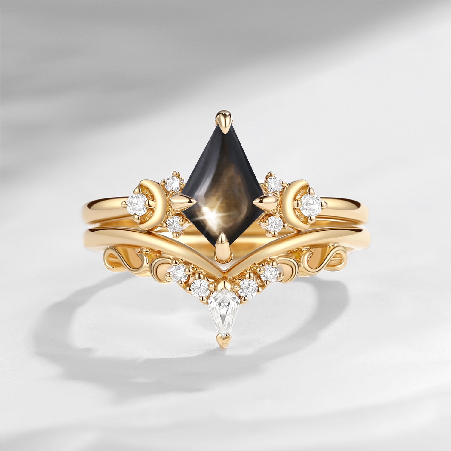 Crescent Moon | Art Deco Kite Shaped Natural Black Star Sapphire Engagement Ring Set 2pcs