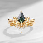 Crescent Moon - Art Deco Kite Cut Natural Teal Sapphire Engagement Ring Set