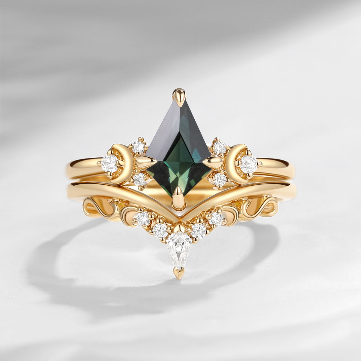 Crescent Moon - Art Deco Kite Cut Natural Teal Sapphire Engagement Ring Set