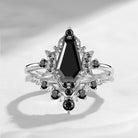 Crescent Moon | Coffin Cut Black Moissanite Engagement Ring Set 2pcs