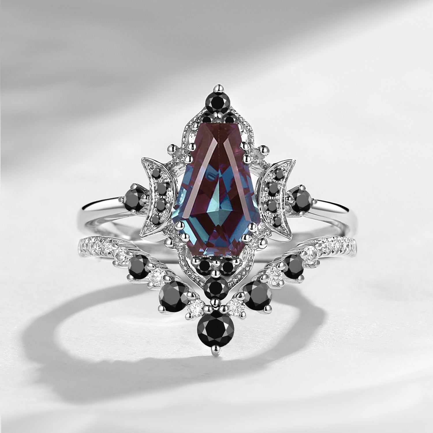 Crescent Moon | Coffin Cut Alexandrite & Black Moissanite Engagement Ring Set 2pcs