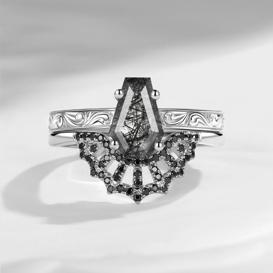 Vintage filigree coffin spider web black rutilated quartz engagement ring