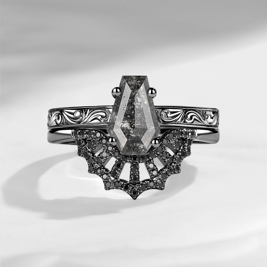 Vintage filigree coffin salt and pepper diamond spider web engagement ring