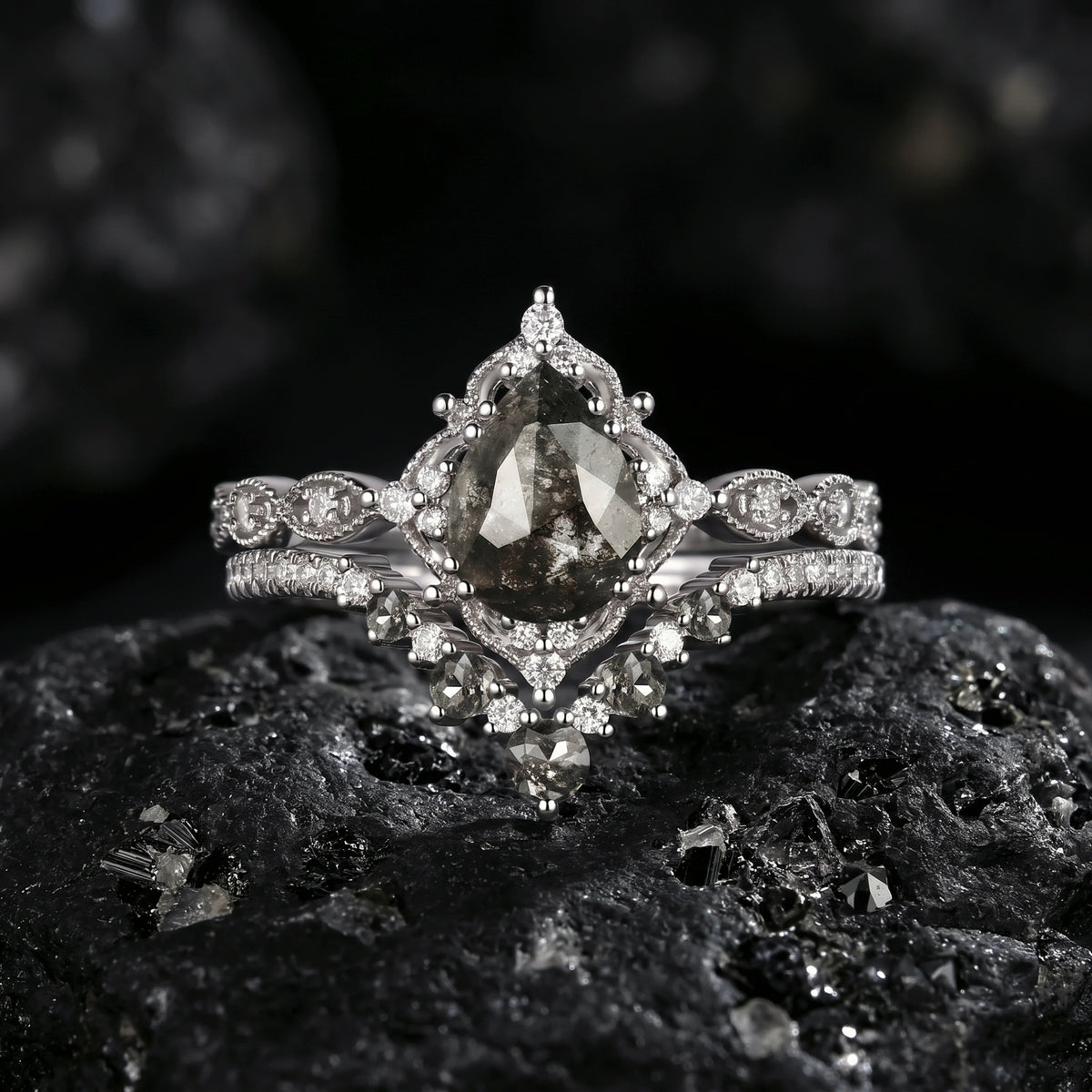 'Elara' - Antique Pear Natrual Salt & Pepper Diamond Engagement Ring Set
