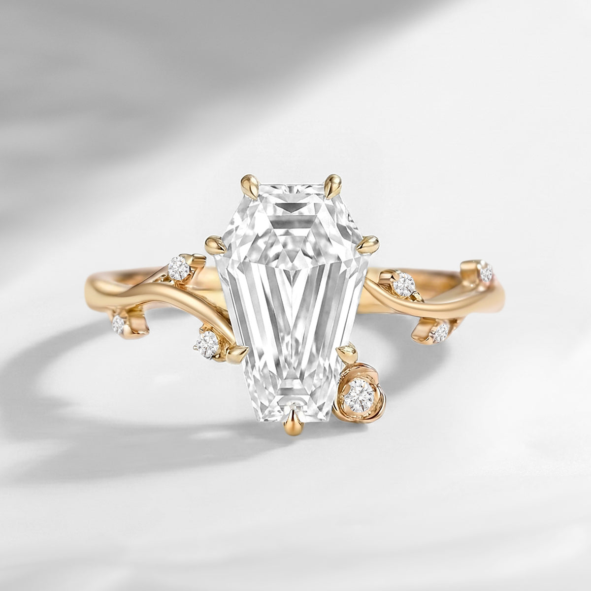 'Une Seule Fleur' - Nature Inspired Coffin Cut Moissanite Romantic Rose Flower Engagement Ring with Twisted Thorn-inspired Band