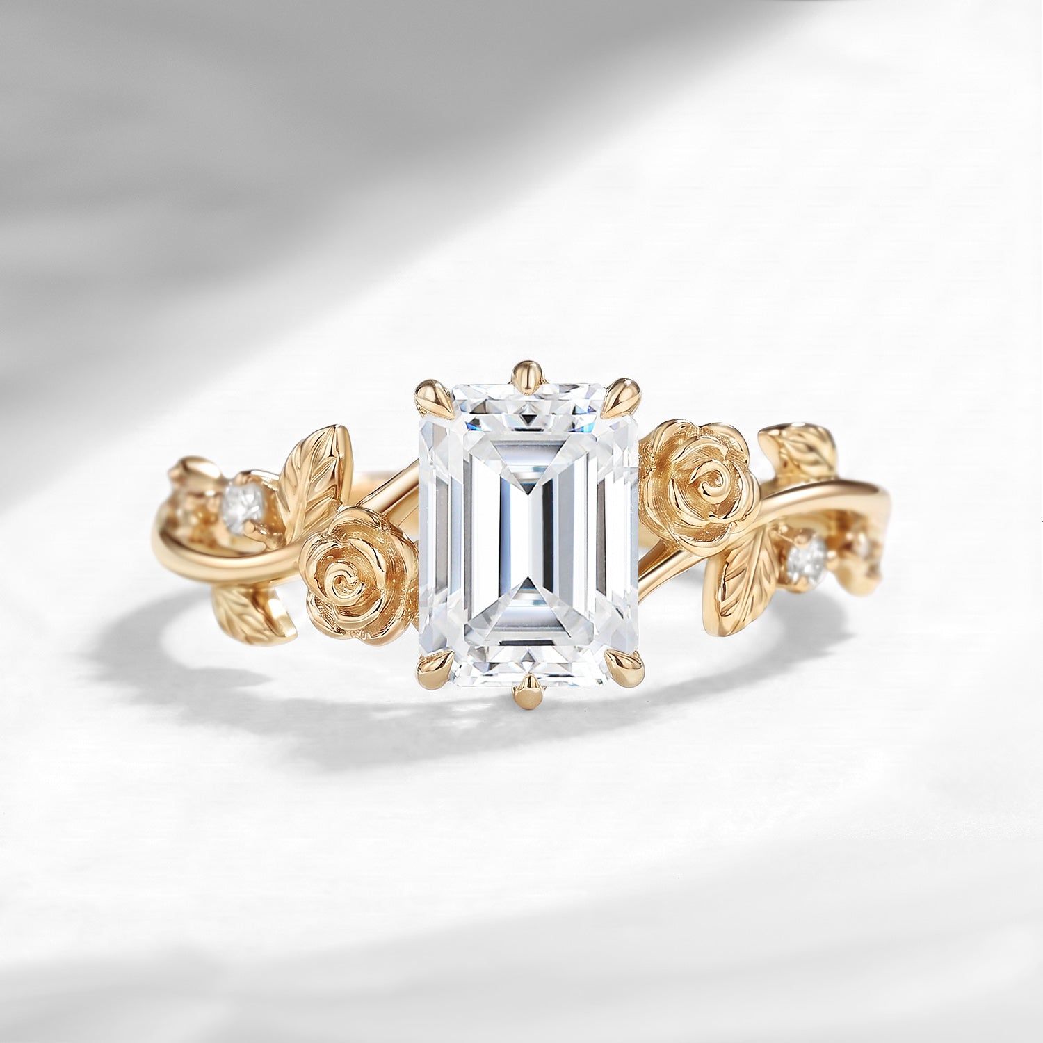 'Rien que la Rose' - Nature Inspired Emerald Cut Moissanite Romantic Rose Flower Engagement Ring
