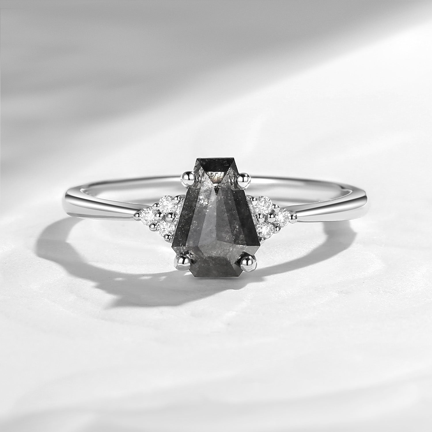 Classic Coffin Shaped Salt and Pepper Diamond Engagement Ring